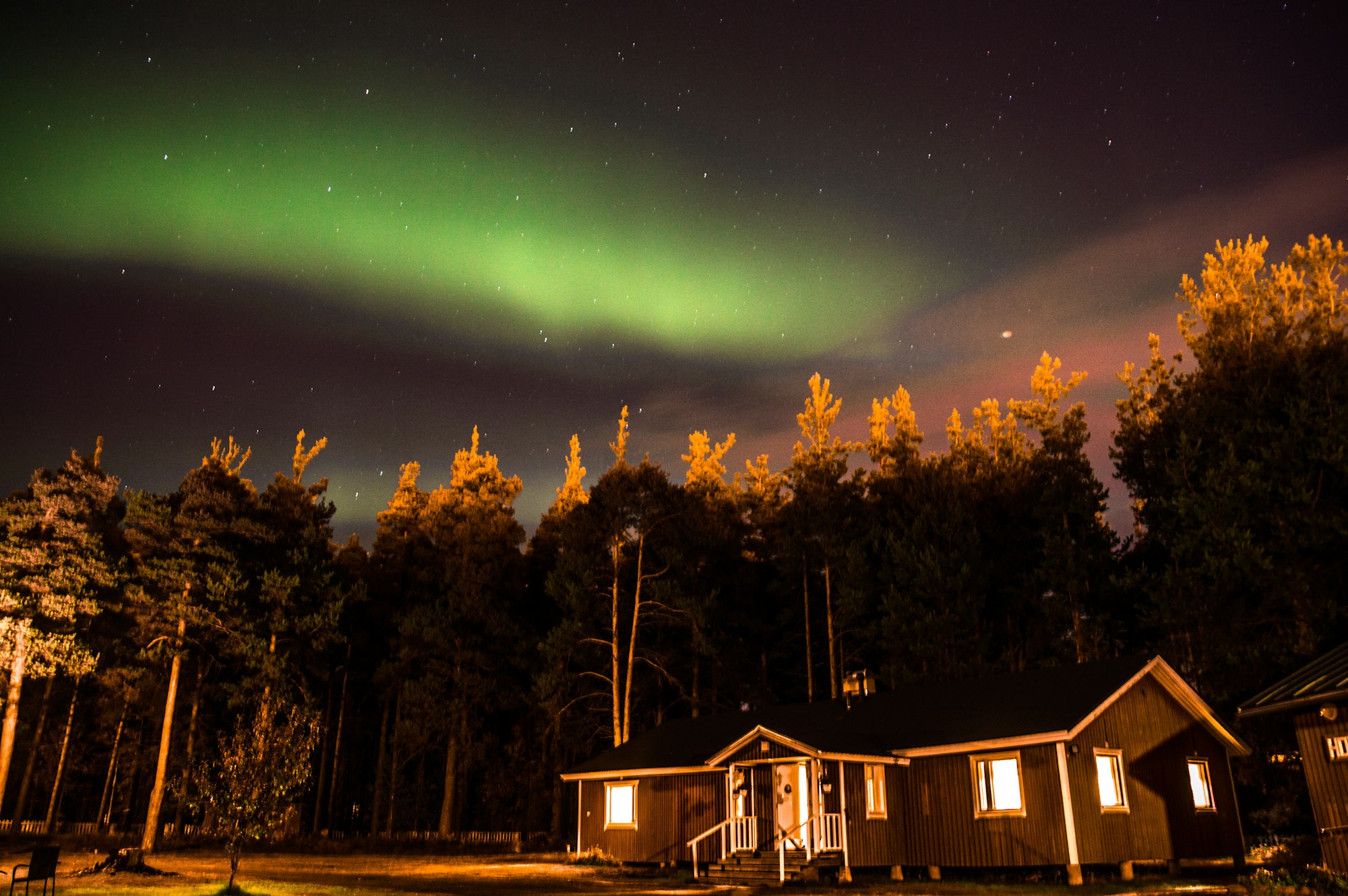Upplyst stuga i skogen